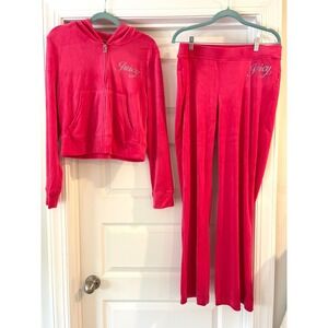 Juicy Couture Velour Tracksuit Set Hot Pink Rhinestone Logo Hoodie Pants L